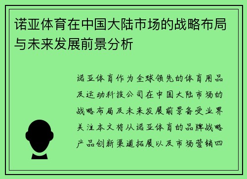 诺亚体育在中国大陆市场的战略布局与未来发展前景分析