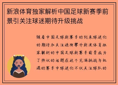 新浪体育独家解析中国足球新赛季前景引关注球迷期待升级挑战